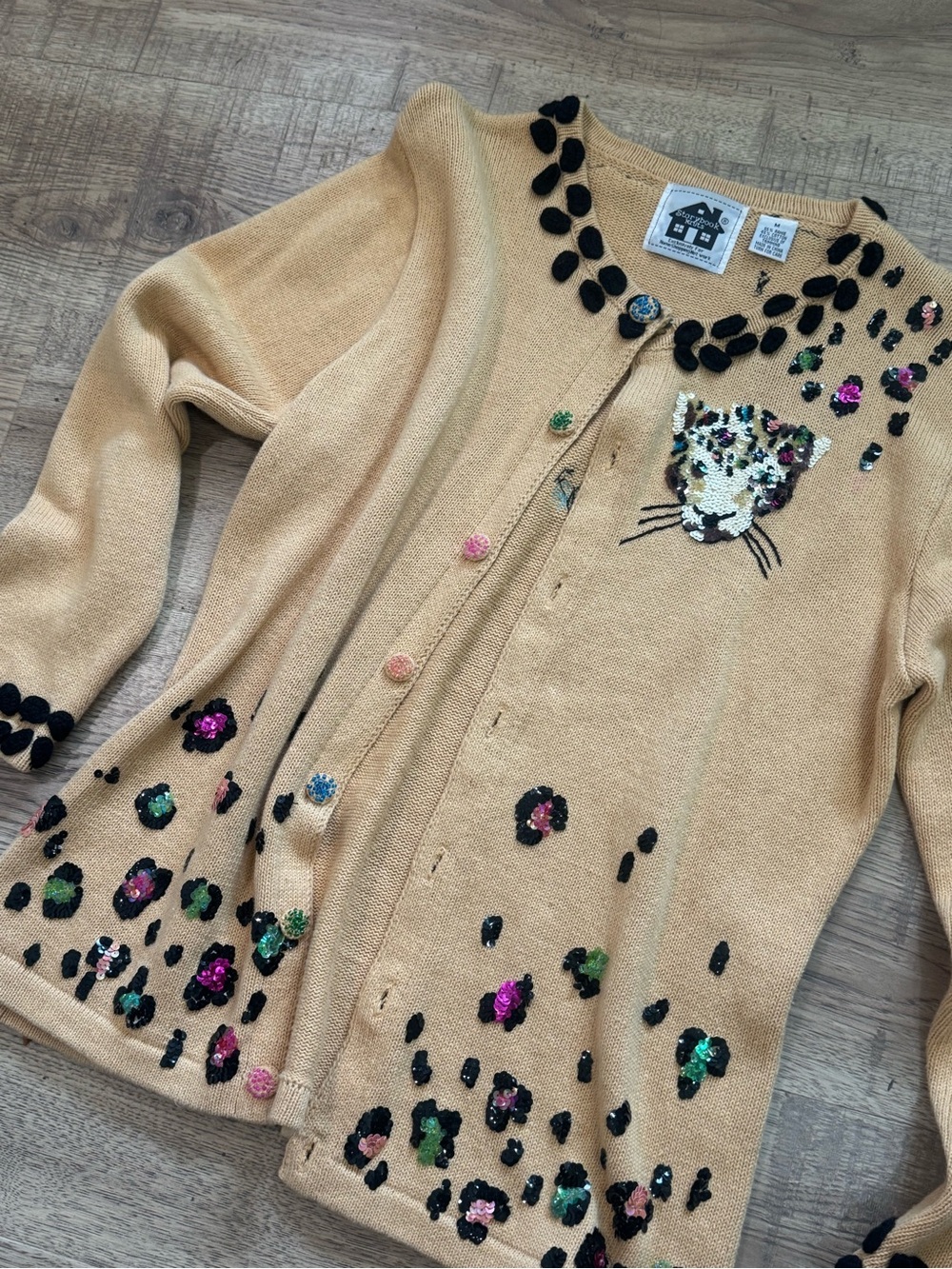 Storybook Knits Cream Cardigan with Sequin Leopard Motif - Picture 3 of 5